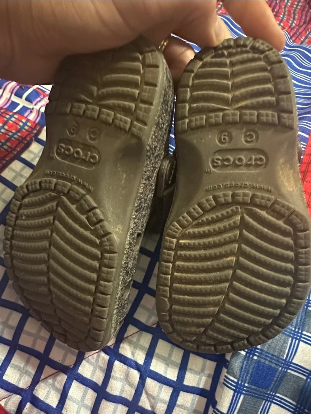 CROCS Kids Brown and Gray Felt Clogs with Playful Lettering